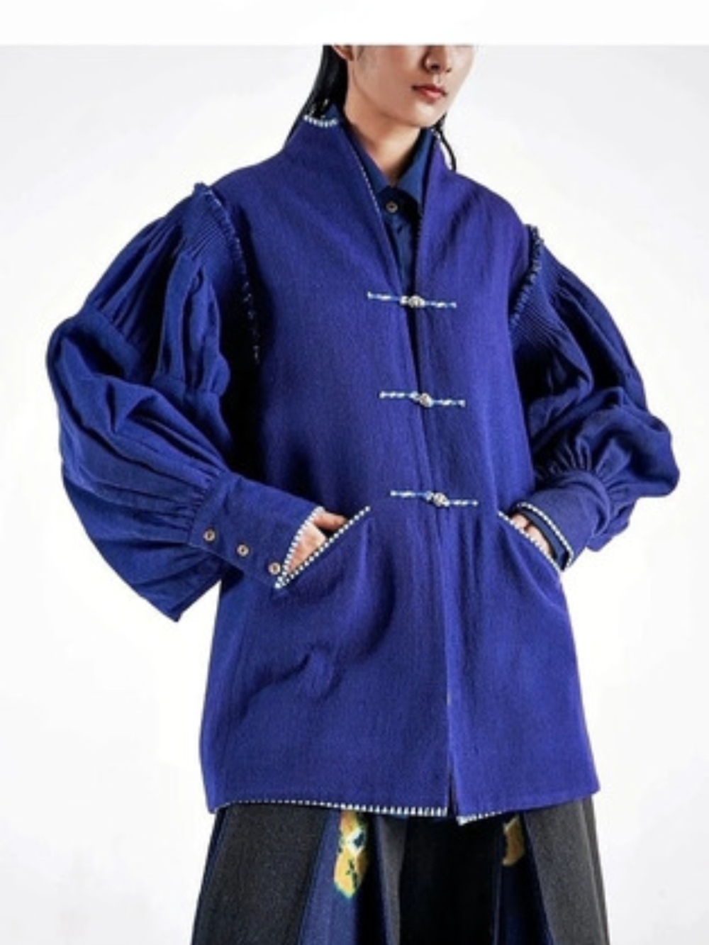 Ladakh Wool Nambu Puff Sleeve Jacket Natural Dye With Thigma Mandala In Back